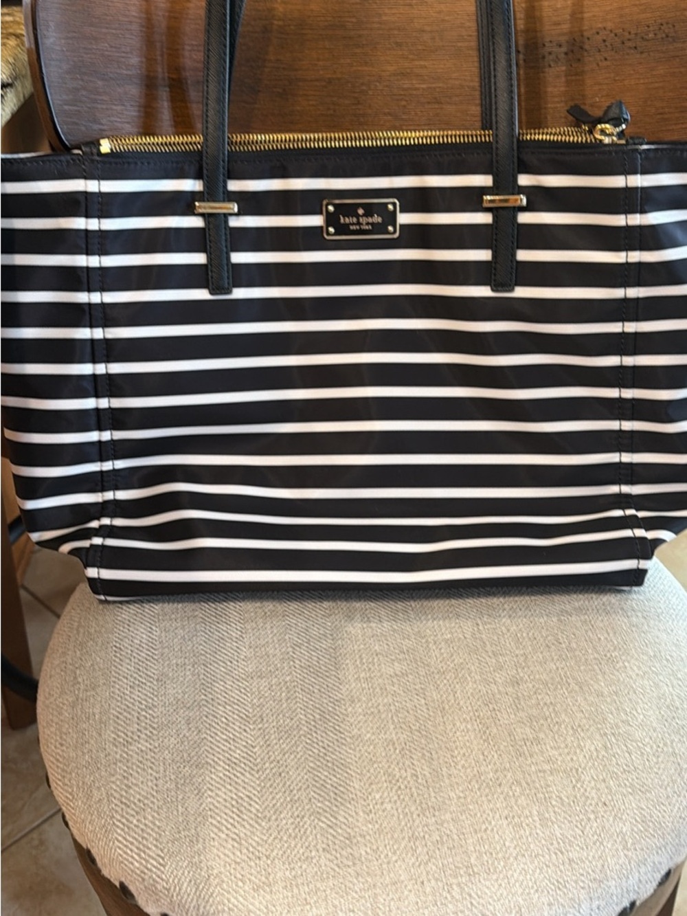 kate spade Black and White Striped Tote with Gold Accents